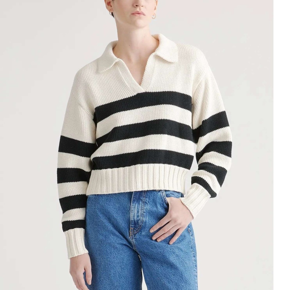 Quince Women 100% Organic Cropped Cotton Polo Sweater Offwhite/Black Stripe S